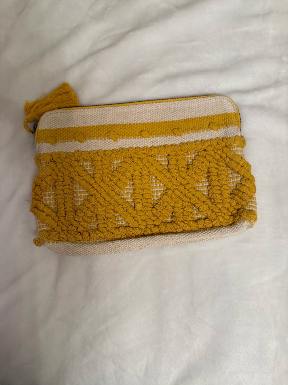 Lucky Brand Robin Mustard & Cream Woven Tassle Clutch
